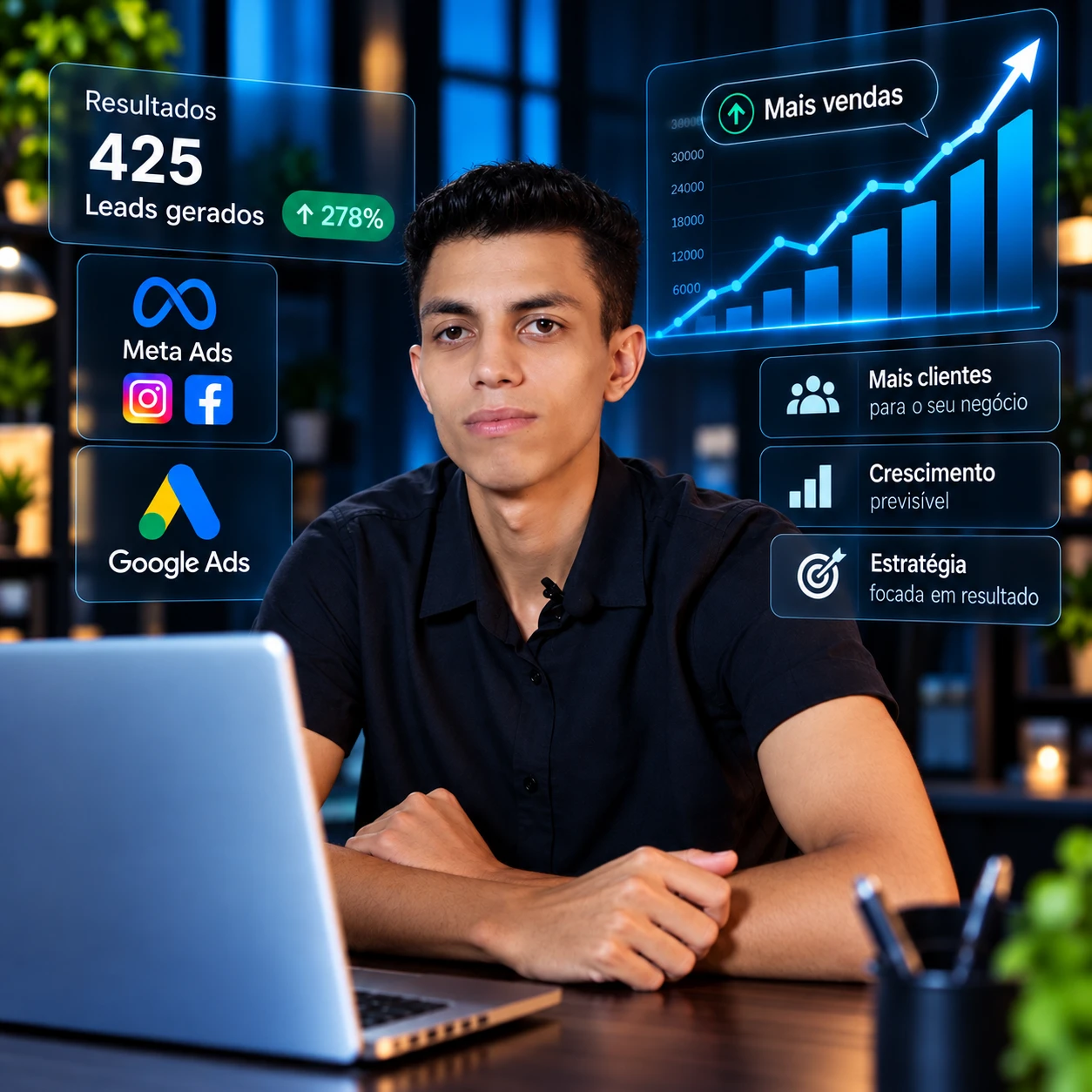 Jeúde Henrique, gestor de tráfego pago, com painéis de resultados de Meta Ads e Google Ads